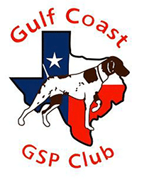 Gulf Coast GSP Club logo - GSP Pointing in front of a red, white and blue image of Texas