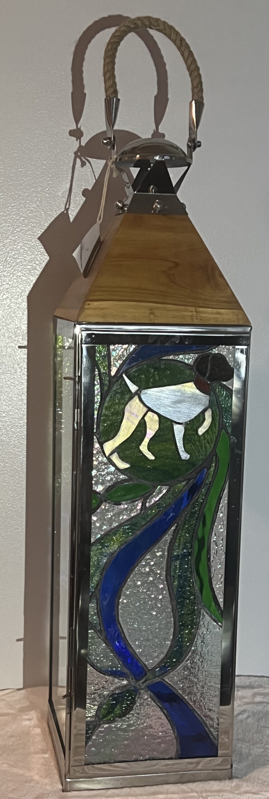 36" high lantern customized with GSP stained glass